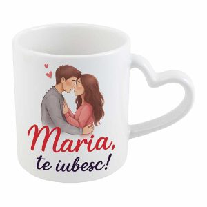 Cana alba cu toarta in forma de inima, personalizata