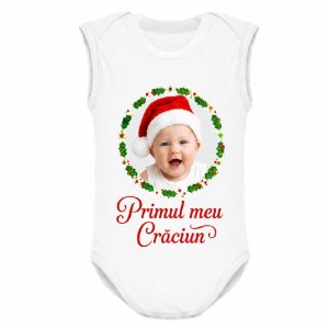 Body personalizat pentru bebeluși, cu poză și inscripția „Primul meu...”