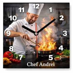 Ceas personalizat cu fotografie și textul „Chef” + nume