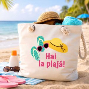 Geantă de plajă personalizată „Hai la plajă!”.