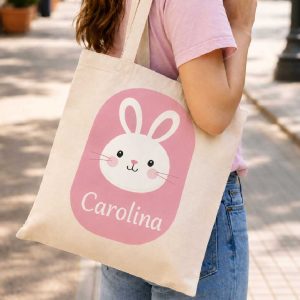 Sacosa din panza personalizată cu iepuraș roz / bleu și numele tău