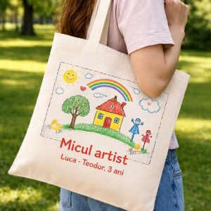Sacosa panză tip totebag, personalizată cu desenul copilului tău și numele micului artist