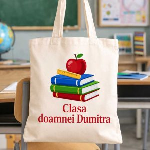 Sacosa din pânză tip totebag, personalizată cu mesajul „Clasa doamnei...”