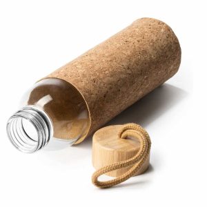 Bidon din sticlă cadou, cu capac din lemn și husă din iută
